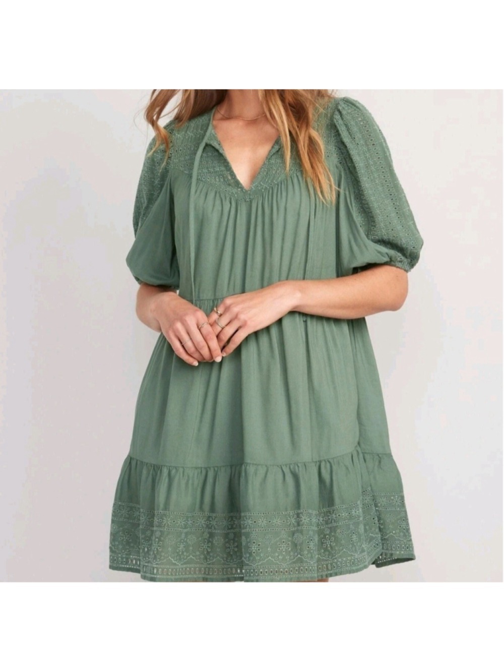 Old Navy Sz L Puff-Sleeve Tiered Embroidered Mini Swing Mini Dress Green Boho